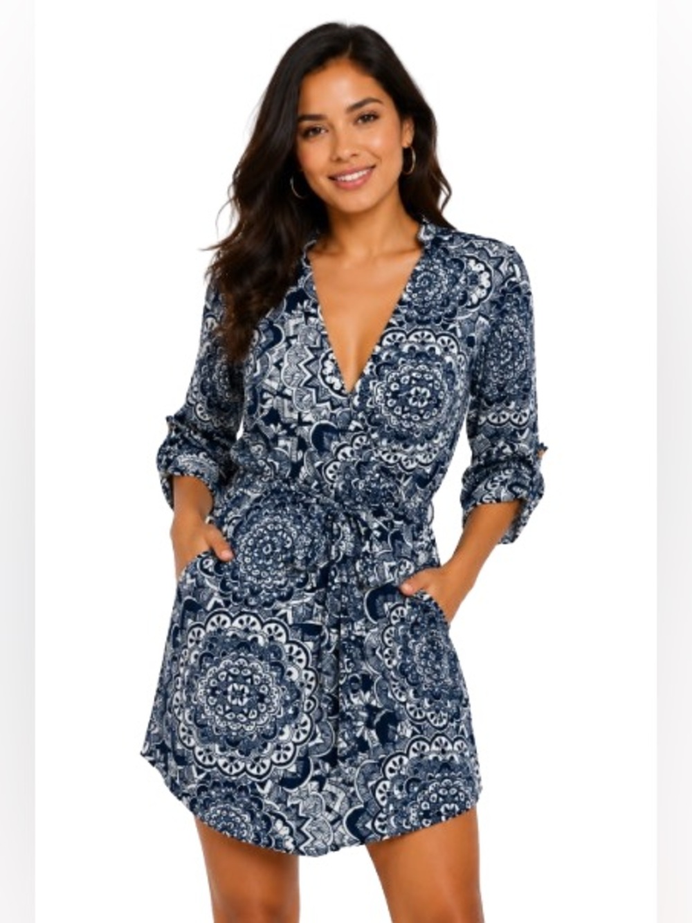 Angie Navy White Medallion Print Tie Waist Dress Small Boho Pocket Dress